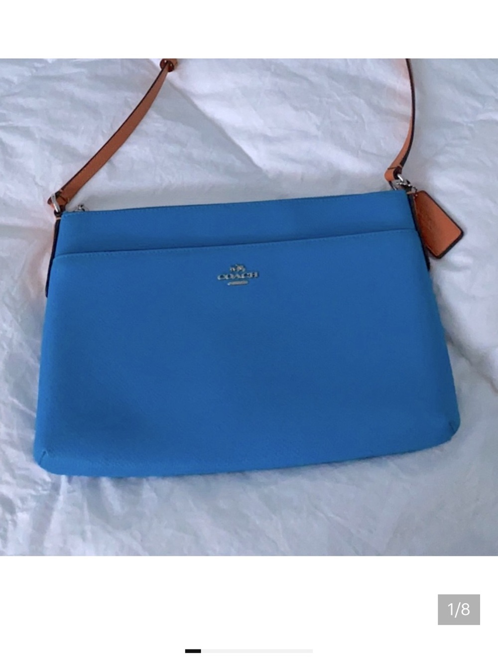 New without tags Coach Blue Leather Shoulder Bag with Contrast Tan Strap and Tag